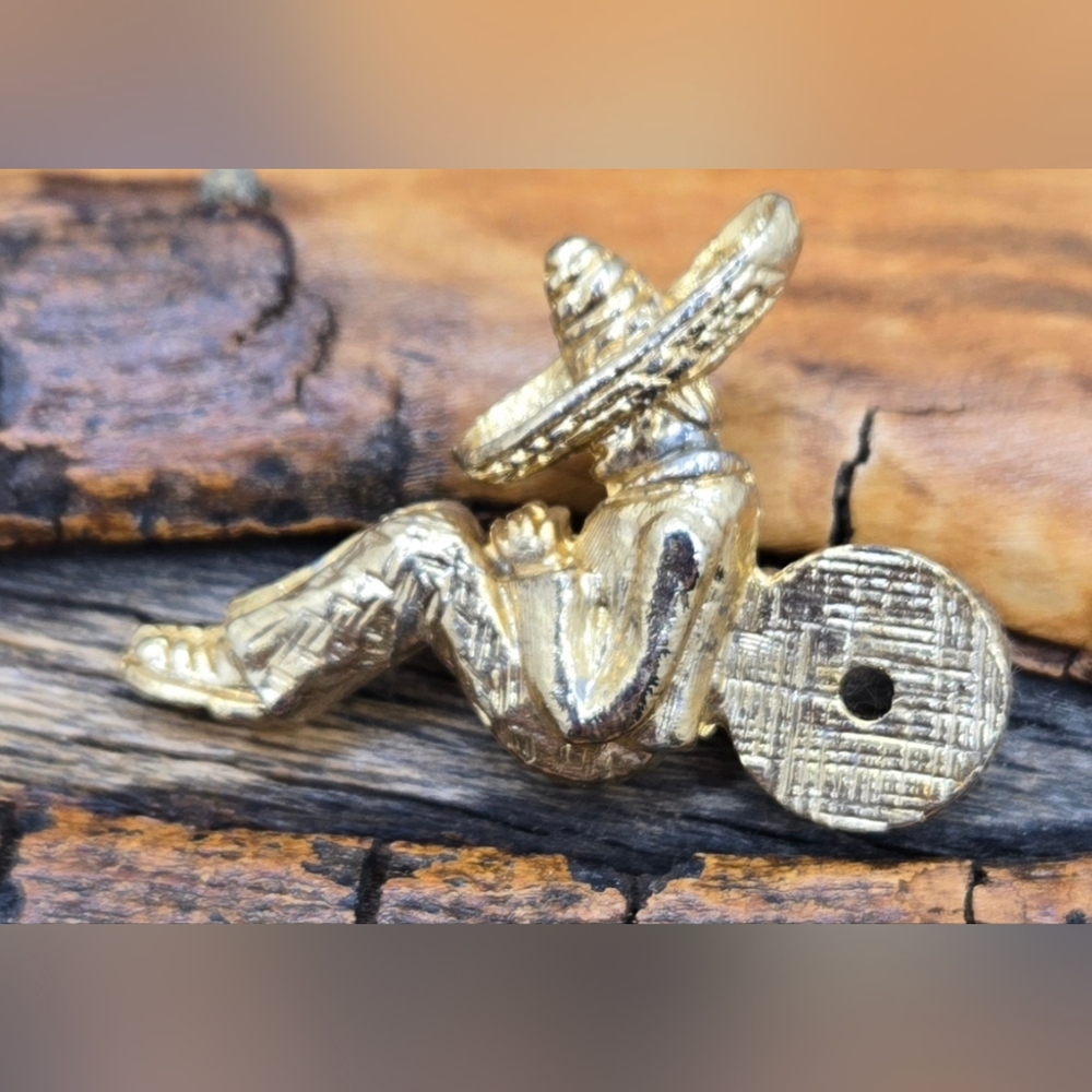 Gold Tone Brooch Man in Sombrero Partaking in a Siesta 1.75" X 1"
